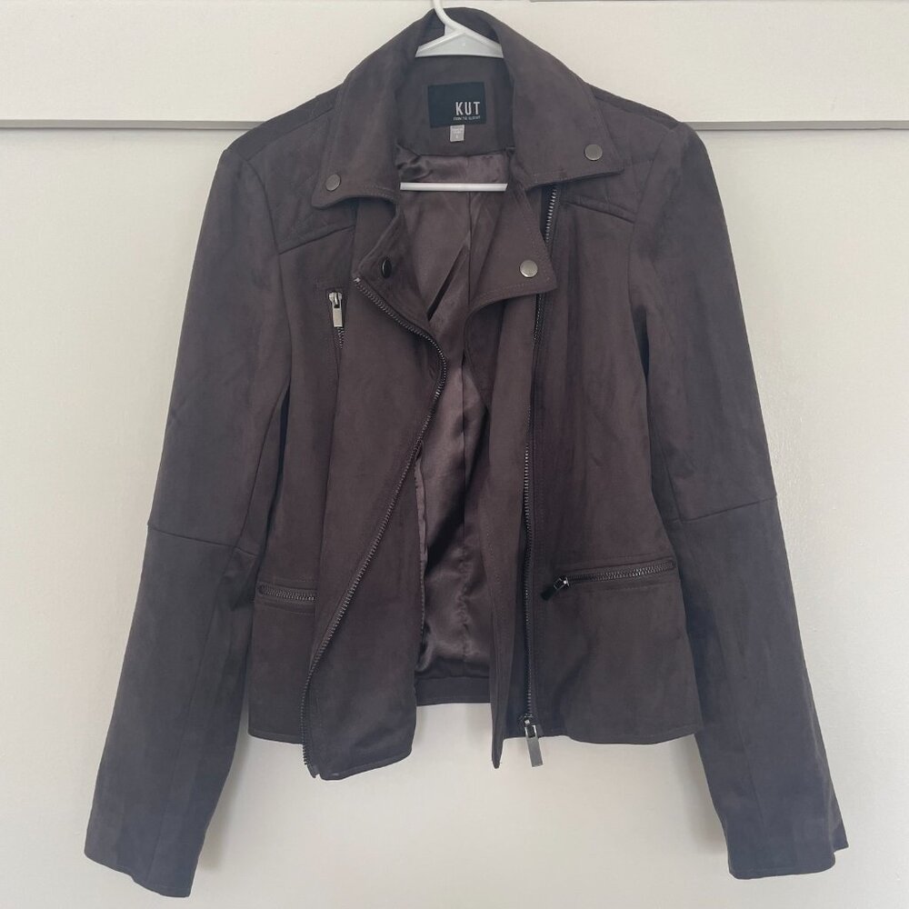 Kut from the Kloth faux suede moto jacket in dark grey / walnut - Picture 4 of 10